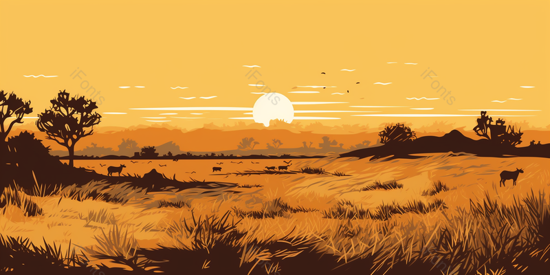 农田牛羊夕阳落日风景画,插画/手绘图,插画/手绘图库,插画/手绘图下载,插画/手绘